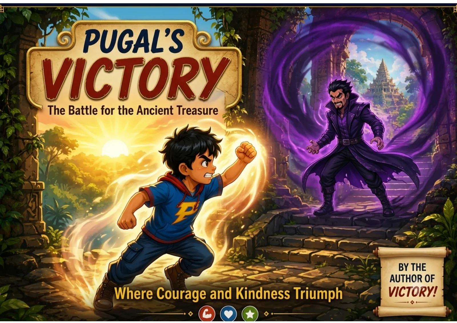 Cover: a boy glowing with golden power faces a violet-cloaked villain outside a jungle temple.