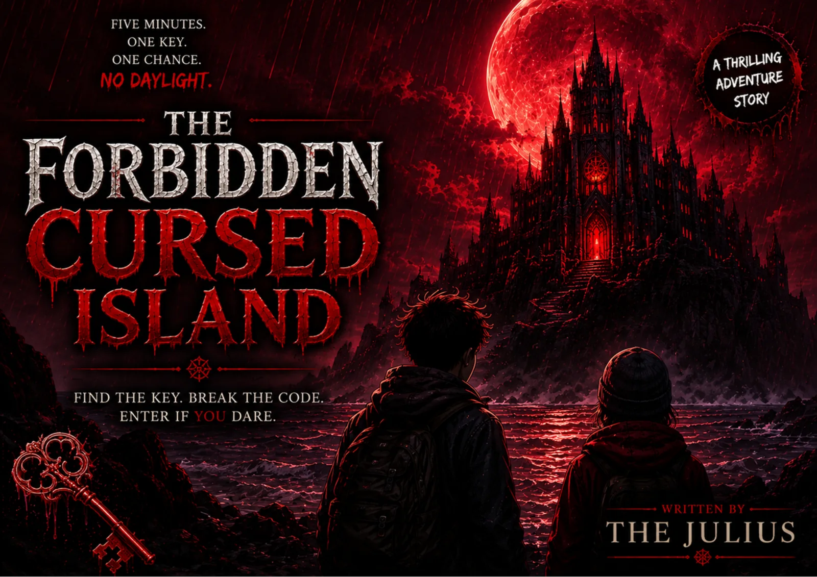 Cover: two explorers look across a red sea at a black cathedral under an enormous blood-red moon.