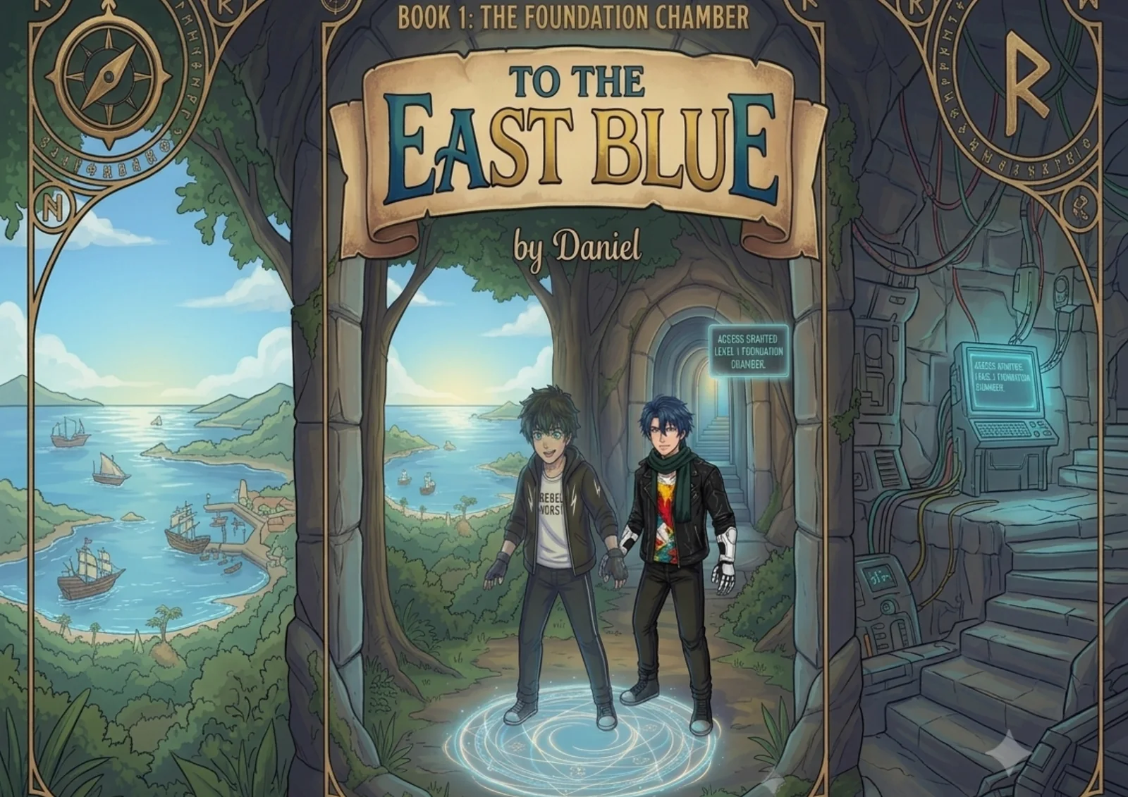 Cover of 'To the East Blue': two young heroes stand on a glowing rune circle in a jungle temple doorway, an ocean of ships on one side and ancient tech panels on the other.