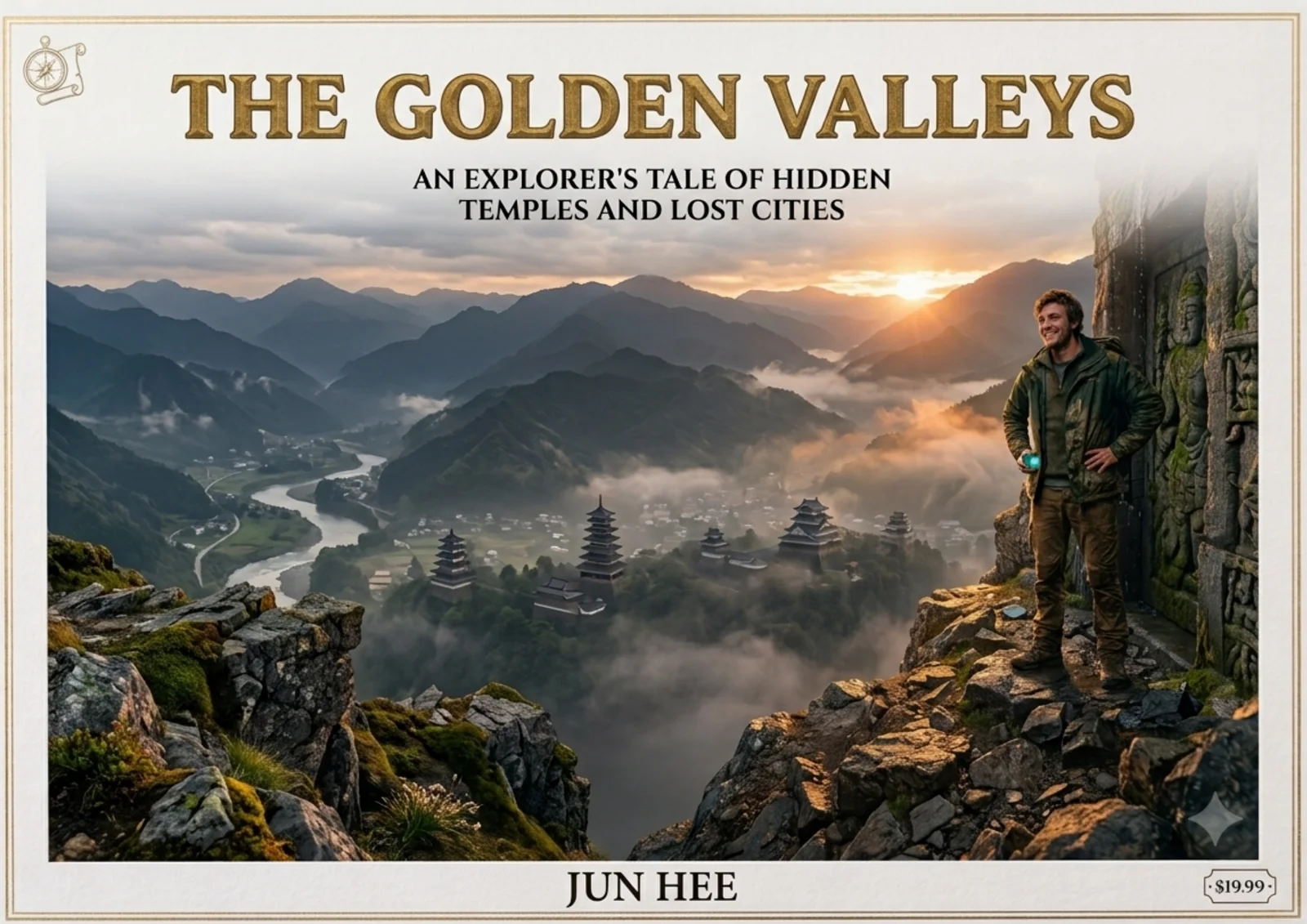 Cover: an explorer on a cliff above a misty valley of pagodas at sunrise.